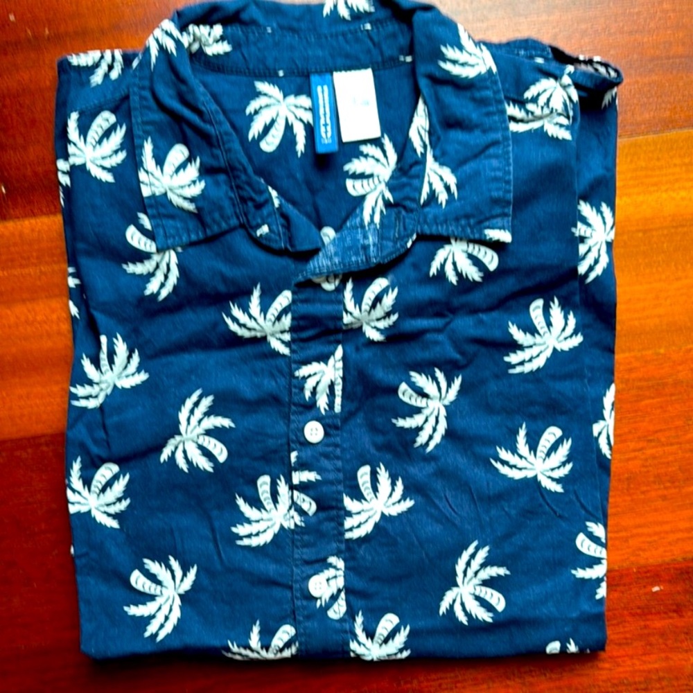 NAVY BLUE MEN’S PALM TREES PRINT DRESS SHIRT DIVIDES BY H&M SIZE MEDIUM